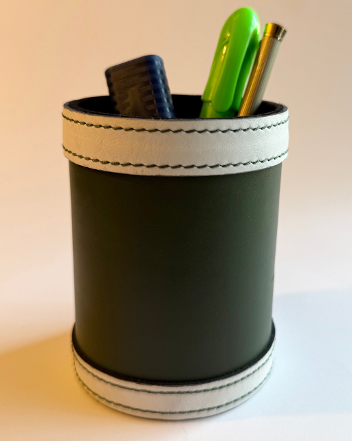 Olive Green Leather Pen Holder with White Strap