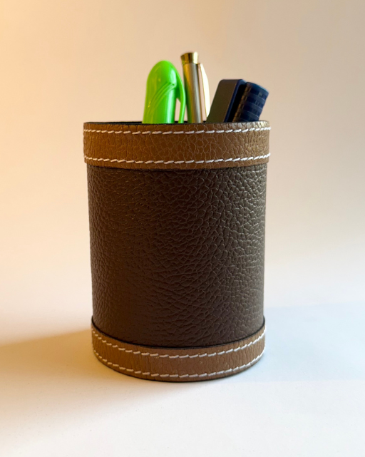 Brown Pebbled Leather Pen Holder with Tan Strap