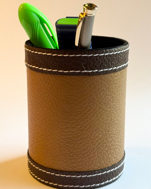 Tan Pebbled Leather Pen Holder With Brown Strap