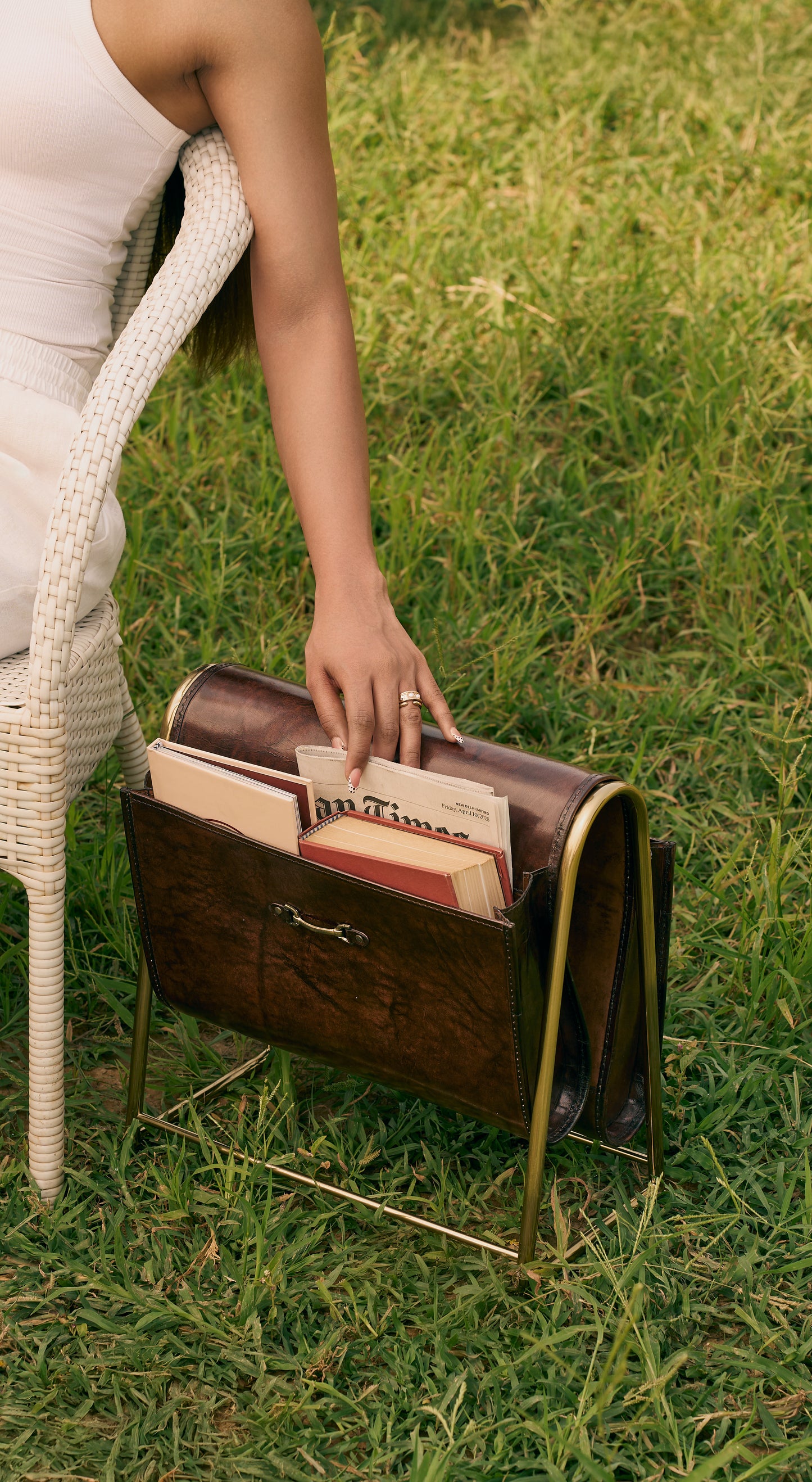 Brown Leather Magazine Basket